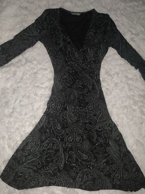 Marks & Spencer Black Dress with Teal Paisley Print, Long Sleeve